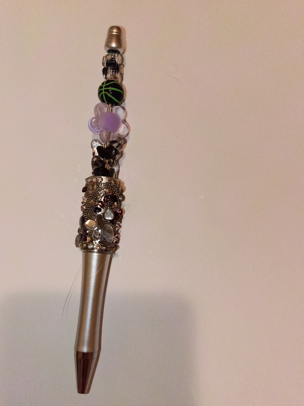Beaded Purple Flower Charm Pen with Gold Accents